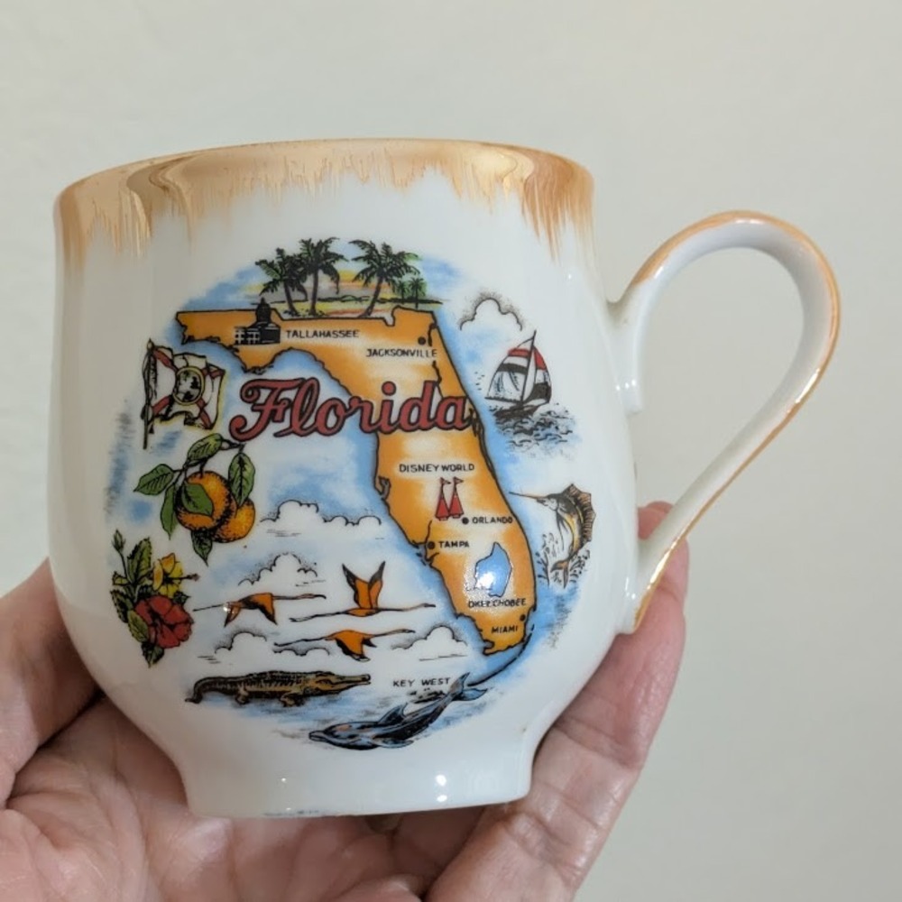 VTG Florida Souvenir Mug Ceramic Orange Gold Trim State Map Design Made in Japan
